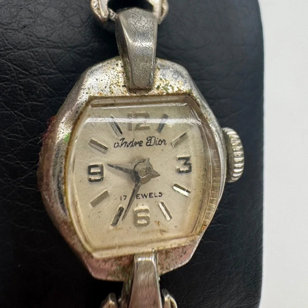 Vintage Andre Dior 17 Jewels Manual Wind Watch Silver Tone For Parts Repair